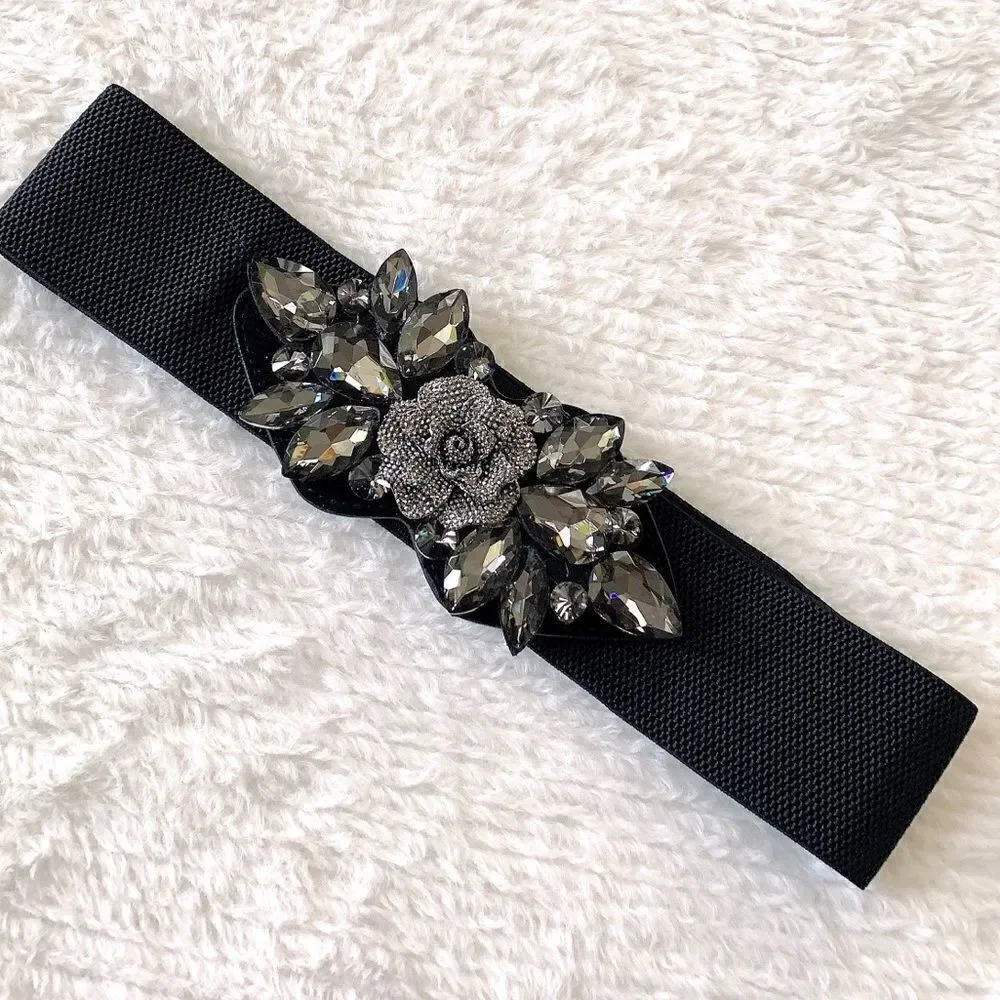 New Women’s Crystal & Beaded 3D Rose Stretch Elastic Belt